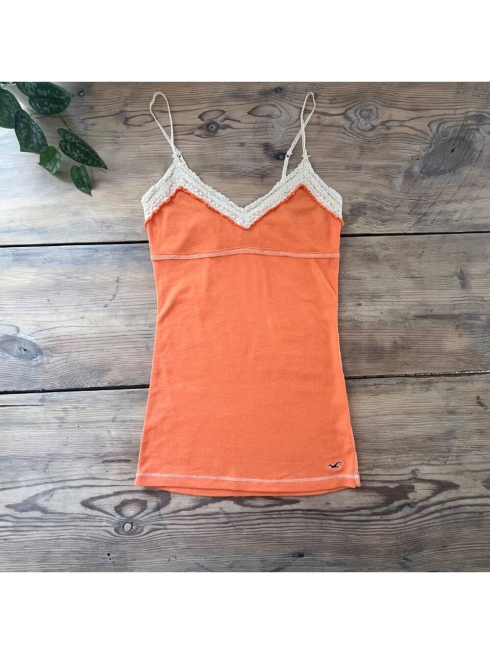 Hollister Y2K Lace Trim Camisole Tank Top Womens L Orange Ribbed Fairy